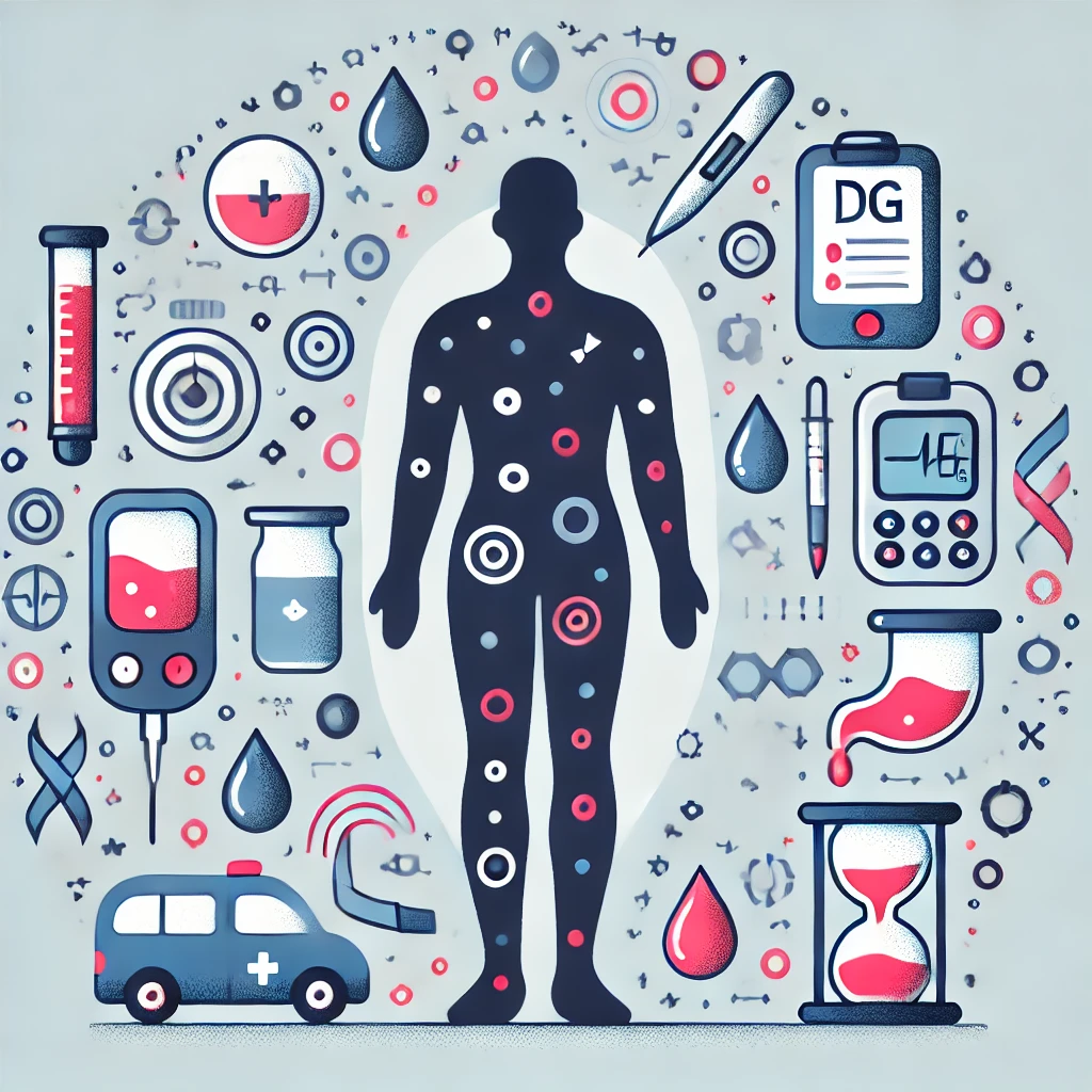 Illustrazione che rappresenta i sintomi del diabete e le complicanze legate all’invalidità civile