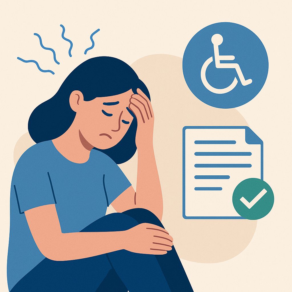Donna seduta con espressione triste, simboli di disabilità e documento approvato