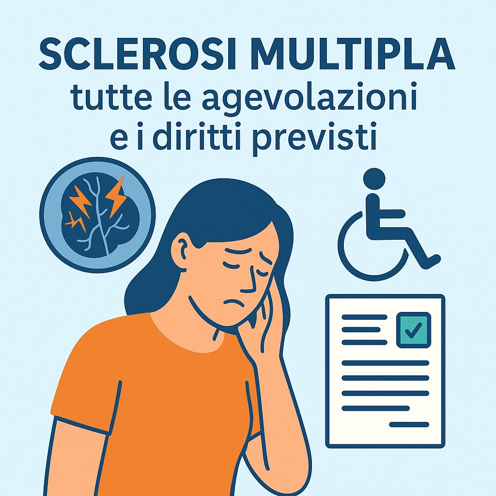 Donna con sclerosi multipla accanto a simboli di disabilità e documenti di approvazione